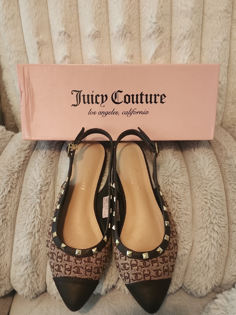 Juicy Couture Brown Logo Pointed Toe Slingback Flats with Black Trim